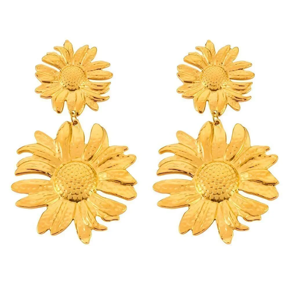 18K Gold Plated Women's Sunflower Pierced Earrings Dangling Bold Floral Chic